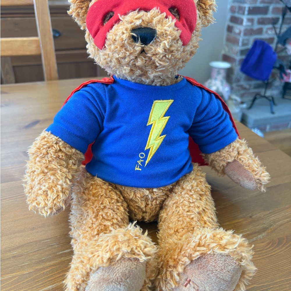 Vintage FAO Schwartz Superhero Bear Plush Toy with Blue and Red Outfit